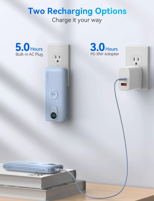 Alt view image 6 of 7 - Portable Charger Power Bank 10000mAh PD20W w/Built-in Cables & AC Plug | Portable charger iphone,Fast charging, Built-in wall plug, LED display, Charge 6 devices at once, Pass through charging