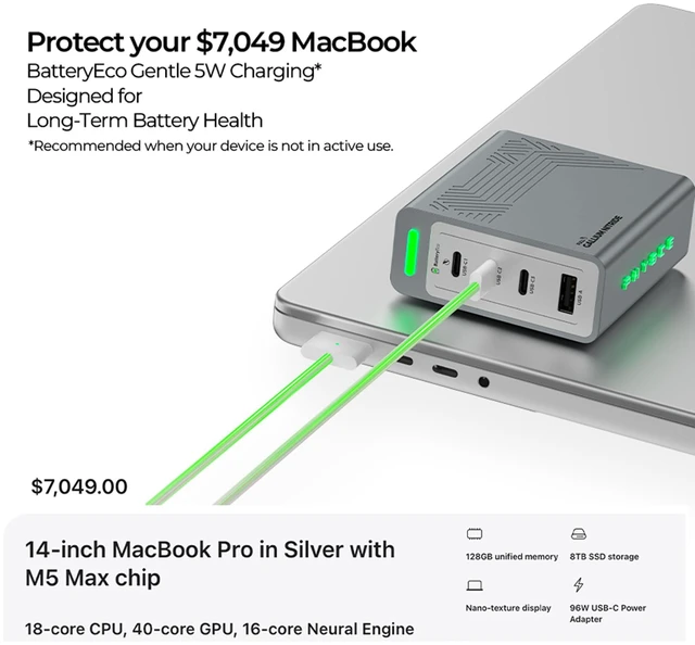 Alt view image 13 of 20 - CUKTECH 100W USB C Charger, 4-Port GaN Wall Charger with Smart Display | Real-Time Wattage Display, 3 USB-C + 1 USB-A, for MacBook Pro/Air, iPhone 17/16, Galaxy S26 and Pixel, 240W Cable Included