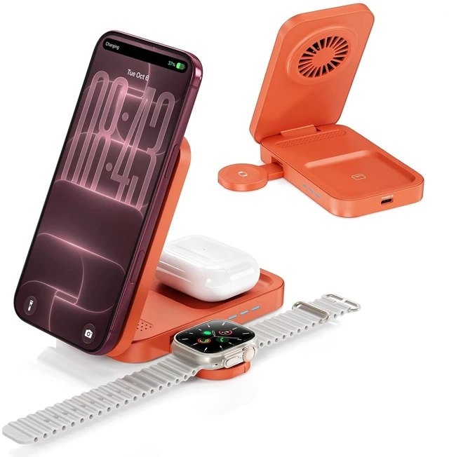 Main image of 3-in-1 Magnetic Wireless Charging Station, Orange Phone Charger | Desk-to-travel dock with 360° viewing and active cooling for phone, watch and earbuds