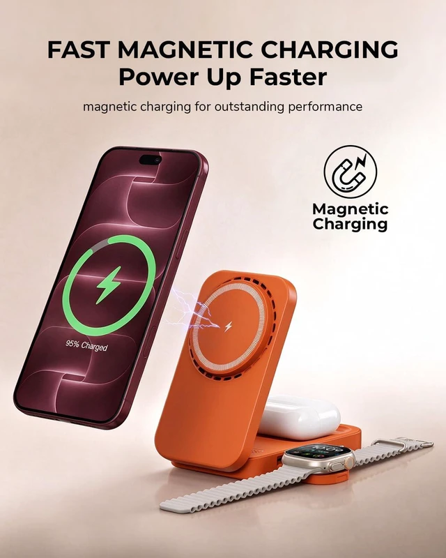 Alt view image 2 of 14 - 3-in-1 Magnetic Wireless Charging Station, Orange Phone Charger | Desk-to-travel dock with 360° viewing and active cooling for phone, watch and earbuds
