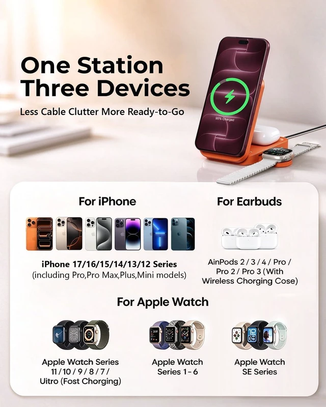 Alt view image 3 of 14 - 3-in-1 Magnetic Wireless Charging Station, Orange Phone Charger | Desk-to-travel dock with 360° viewing and active cooling for phone, watch and earbuds