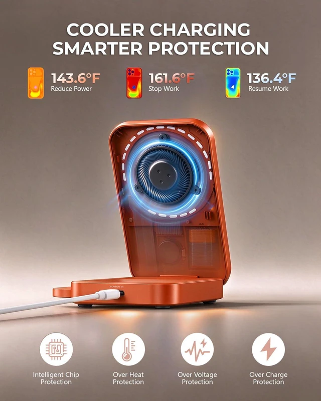 Alt view image 4 of 14 - 3-in-1 Magnetic Wireless Charging Station, Orange Phone Charger | Desk-to-travel dock with 360° viewing and active cooling for phone, watch and earbuds