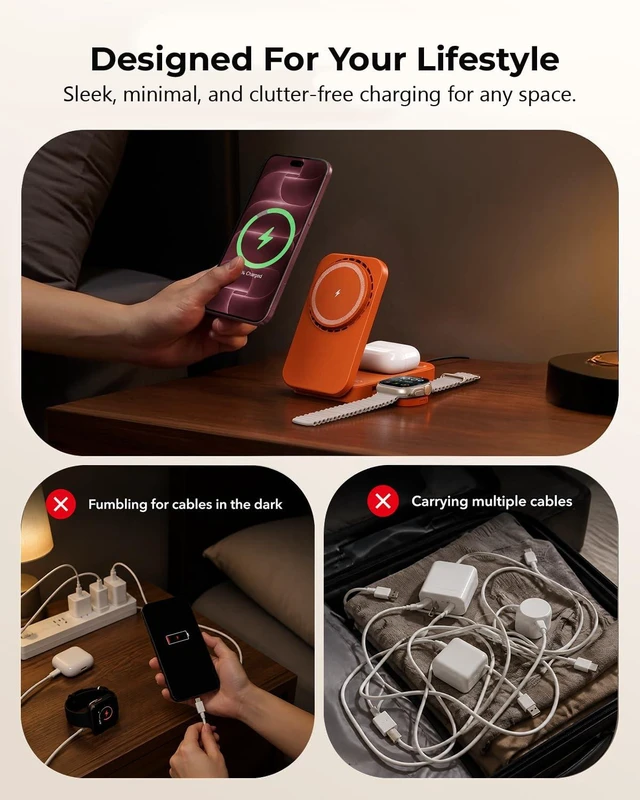 Alt view image 5 of 14 - 3-in-1 Magnetic Wireless Charging Station, Orange Phone Charger | Desk-to-travel dock with 360° viewing and active cooling for phone, watch and earbuds