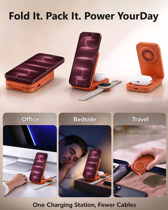 Alt view image 6 of 14 - 3-in-1 Magnetic Wireless Charging Station, Orange Phone Charger | Desk-to-travel dock with 360° viewing and active cooling for phone, watch and earbuds