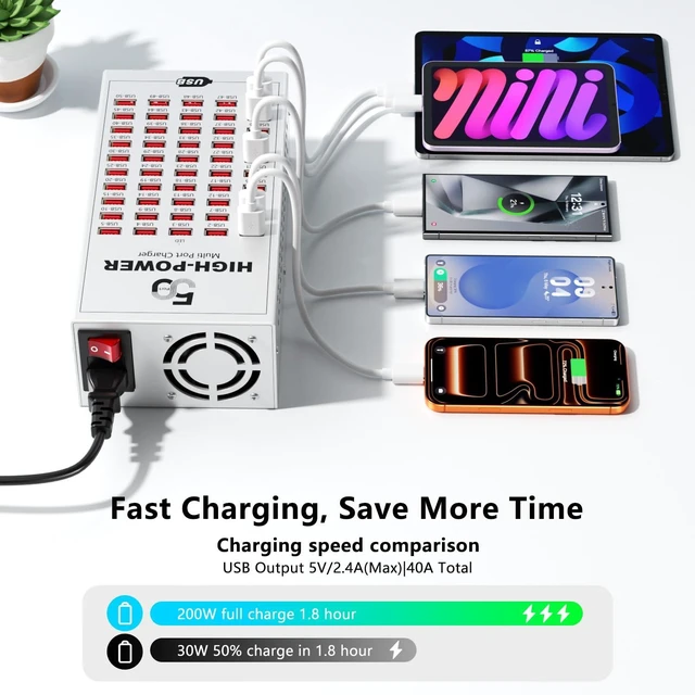 Alt view image 2 of 7 - 200W USB Charging Station,50-Port High Power Fast Charger Block,Multiple Desktop Charging Station with Smart IC Protection,Multi Port USB Charger for Multiple Devices,Great for Classroom,Office & Shop