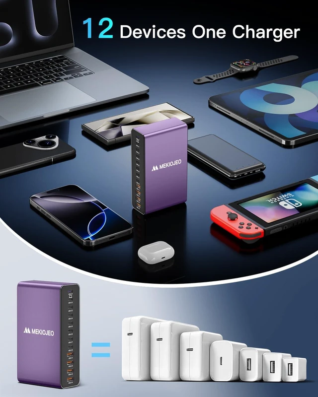 Alt view image 6 of 6 - 12 Ports Aluminum Alloy MEKIOJEO 380W Charging Station USB C Charger Block | 65W Laptop Fast GaN Charger for MacBook Pro/Air/iPad Pro/iPhone (Purple)