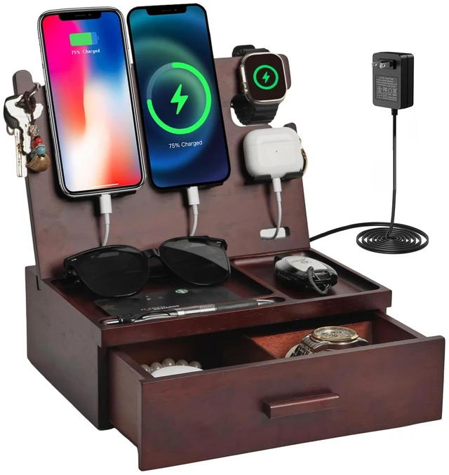 Main image of Nightstand Organizer with Drawer Built in 4 USB Quick Charger, Wood Phone Docking Station with Dual Phone Charging Station for Apple Android Phones Anniversary Birthday Gifts for Men Dad Hunsband Mom