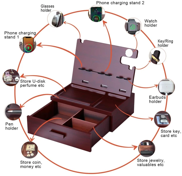 Alt view image 3 of 7 - Nightstand Organizer with Drawer Built in 4 USB Quick Charger, Wood Phone Docking Station with Dual Phone Charging Station for Apple Android Phones Anniversary Birthday Gifts for Men Dad Hunsband Mom