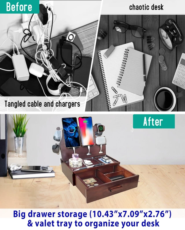 Alt view image 4 of 7 - Nightstand Organizer with Drawer Built in 4 USB Quick Charger, Wood Phone Docking Station with Dual Phone Charging Station for Apple Android Phones Anniversary Birthday Gifts for Men Dad Hunsband Mom