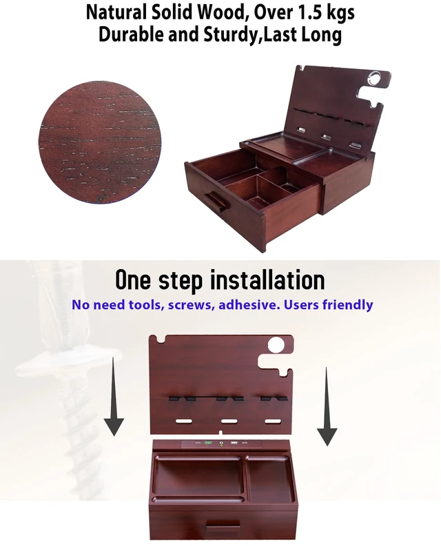Alt view image 6 of 7 - Nightstand Organizer with Drawer Built in 4 USB Quick Charger, Wood Phone Docking Station with Dual Phone Charging Station for Apple Android Phones Anniversary Birthday Gifts for Men Dad Hunsband Mom