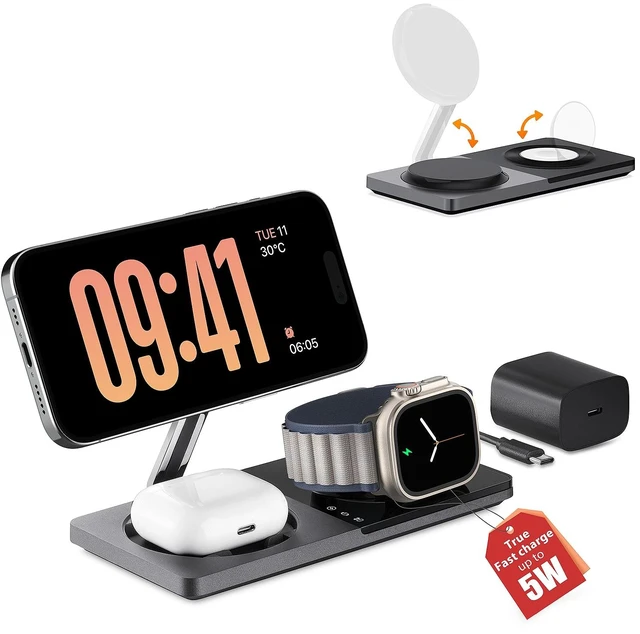 Main image of PETINO 3 in 1 Wireless Charging Station for Apple Devices with MagSafe | For iPhone 17/Air/16/15/14/13/12, AirPods & Apple Watch, Foldable Portable Aluminum Charging Stand, Adapter Included