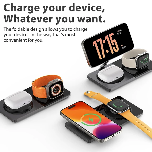 Alt view image 6 of 7 - PETINO 3 in 1 Wireless Charging Station for Apple Devices with MagSafe | For iPhone 17/Air/16/15/14/13/12, AirPods & Apple Watch, Foldable Portable Aluminum Charging Stand, Adapter Included