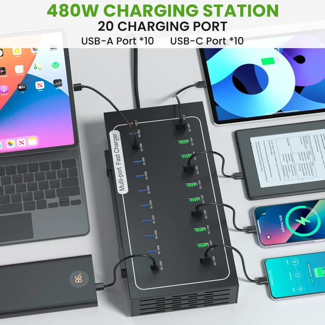 Alt view image 2 of 7 - 480W USB Charging Station, ALI SEA 20 Port (10 PD+10 QC) USB C Fast Charging Station for Multiple Devices, Charger Block with Intelligent Protection for iPhone, Android Cell Phone, iPad, Tablet