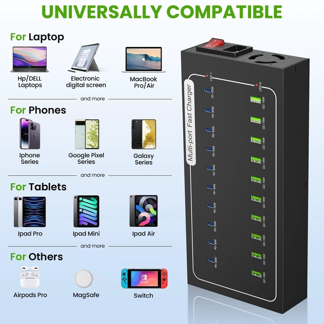 Alt view image 4 of 7 - 480W USB Charging Station, ALI SEA 20 Port (10 PD+10 QC) USB C Fast Charging Station for Multiple Devices, Charger Block with Intelligent Protection for iPhone, Android Cell Phone, iPad, Tablet