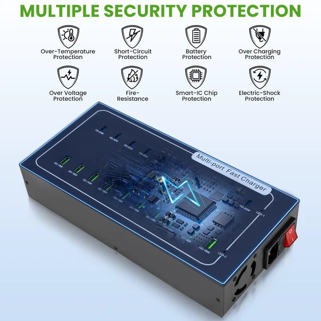 Alt view image 5 of 7 - 480W USB Charging Station, ALI SEA 20 Port (10 PD+10 QC) USB C Fast Charging Station for Multiple Devices, Charger Block with Intelligent Protection for iPhone, Android Cell Phone, iPad, Tablet