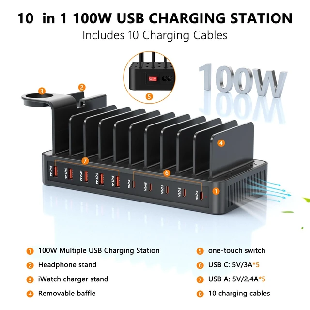 Alt view image 2 of 7 - 100W Charging Station for Multiple Devices, 10-Port USBC+USBA Charger Station Dock, Adjustable Dividers&Organizer Stand with 10 Cables, Compatible with iPhone17/16/15/Galaxy S25/S24/S23/iPad/Tablets