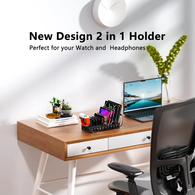Alt view image 3 of 7 - 100W Charging Station for Multiple Devices, 10-Port USBC+USBA Charger Station Dock, Adjustable Dividers&Organizer Stand with 10 Cables, Compatible with iPhone17/16/15/Galaxy S25/S24/S23/iPad/Tablets