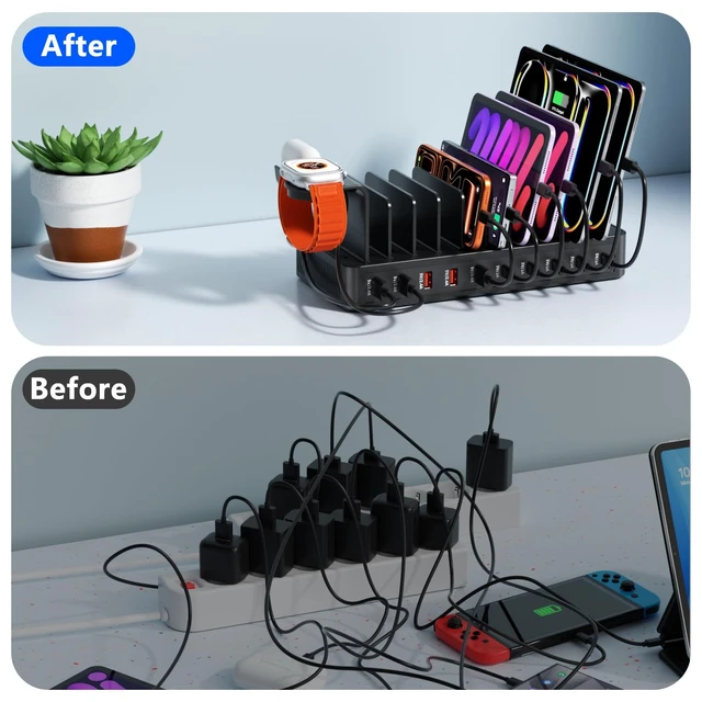Alt view image 4 of 7 - 100W Charging Station for Multiple Devices, 10-Port USBC+USBA Charger Station Dock, Adjustable Dividers&Organizer Stand with 10 Cables, Compatible with iPhone17/16/15/Galaxy S25/S24/S23/iPad/Tablets