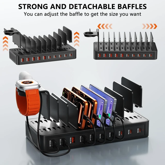 Alt view image 5 of 7 - 100W Charging Station for Multiple Devices, 10-Port USBC+USBA Charger Station Dock, Adjustable Dividers&Organizer Stand with 10 Cables, Compatible with iPhone17/16/15/Galaxy S25/S24/S23/iPad/Tablets