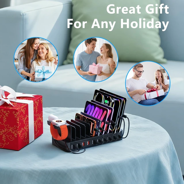 Alt view image 6 of 7 - 100W Charging Station for Multiple Devices, 10-Port USBC+USBA Charger Station Dock, Adjustable Dividers&Organizer Stand with 10 Cables, Compatible with iPhone17/16/15/Galaxy S25/S24/S23/iPad/Tablets