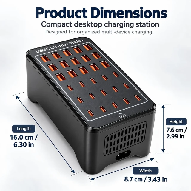 Alt view image 2 of 7 - TiTiToo 30-Port USB Charging Station 150W, 15 USB-C and 15 USB-A Ports, Smart Protection, Compatible with iPhone, iPad, Tablets, Phones, Ideal for Classroom, Office, Studio
