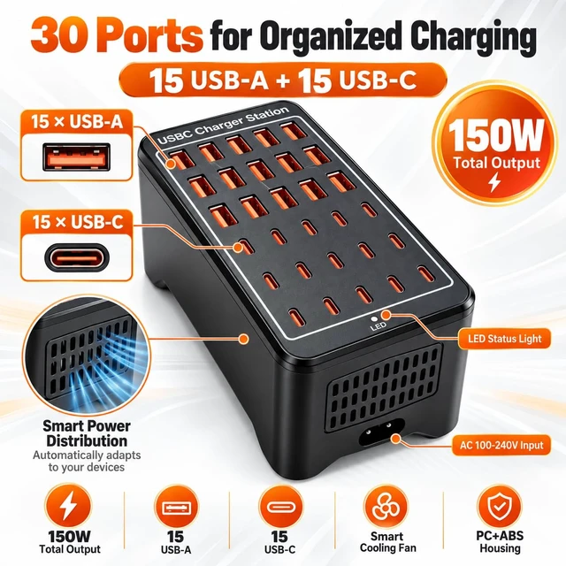 Alt view image 3 of 7 - TiTiToo 30-Port USB Charging Station 150W, 15 USB-C and 15 USB-A Ports, Smart Protection, Compatible with iPhone, iPad, Tablets, Phones, Ideal for Classroom, Office, Studio
