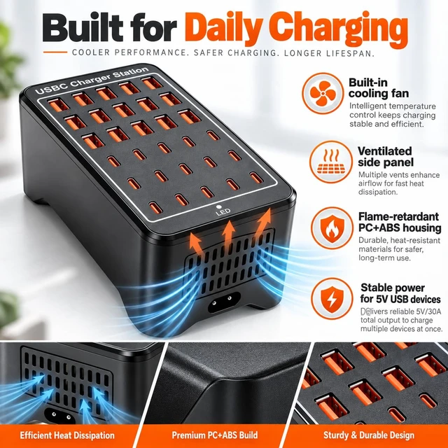 Alt view image 4 of 7 - TiTiToo 30-Port USB Charging Station 150W, 15 USB-C and 15 USB-A Ports, Smart Protection, Compatible with iPhone, iPad, Tablets, Phones, Ideal for Classroom, Office, Studio