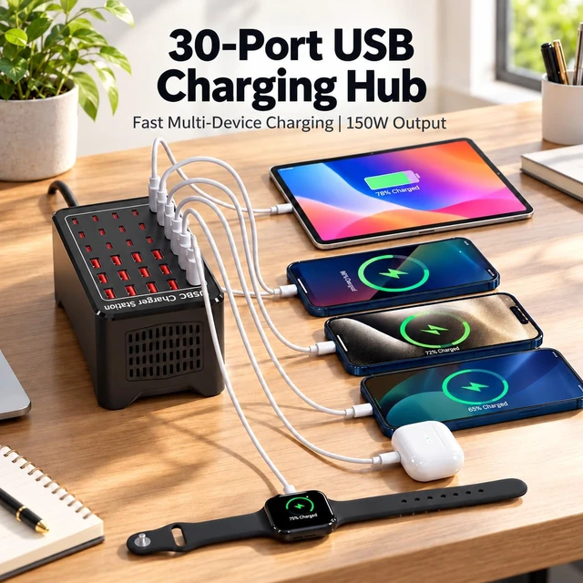Alt view image 5 of 7 - TiTiToo 30-Port USB Charging Station 150W, 15 USB-C and 15 USB-A Ports, Smart Protection, Compatible with iPhone, iPad, Tablets, Phones, Ideal for Classroom, Office, Studio