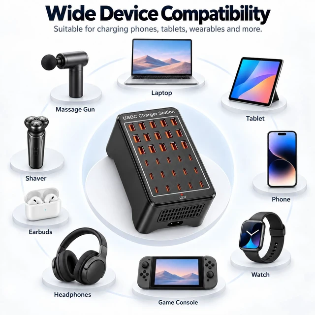 Alt view image 6 of 7 - TiTiToo 30-Port USB Charging Station 150W, 15 USB-C and 15 USB-A Ports, Smart Protection, Compatible with iPhone, iPad, Tablets, Phones, Ideal for Classroom, Office, Studio