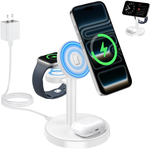 Main image of Aeinidi 3 in 1 Magnetic Wireless Charging Station for Magsafe Charger Stand | 15W Fast Cooling Wireless Charger for iPhone 18 Pro Max Duo 17 16 15 14 13 12 Series Apple iWatch AirPods Pro 5 4 3 2