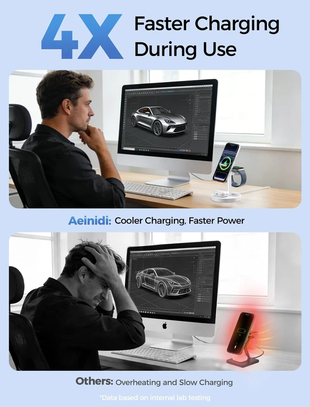 Alt view image 2 of 7 - Aeinidi 3 in 1 Magnetic Wireless Charging Station for Magsafe Charger Stand | 15W Fast Cooling Wireless Charger for iPhone 18 Pro Max Duo 17 16 15 14 13 12 Series Apple iWatch AirPods Pro 5 4 3 2