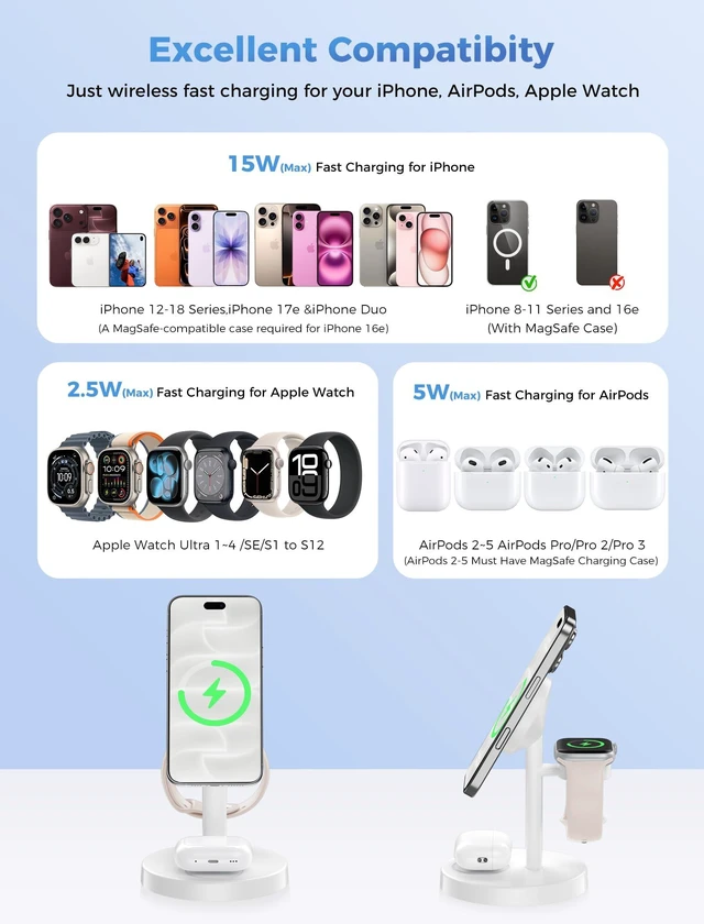 Alt view image 7 of 7 - Aeinidi 3 in 1 Magnetic Wireless Charging Station for Magsafe Charger Stand | 15W Fast Cooling Wireless Charger for iPhone 18 Pro Max Duo 17 16 15 14 13 12 Series Apple iWatch AirPods Pro 5 4 3 2