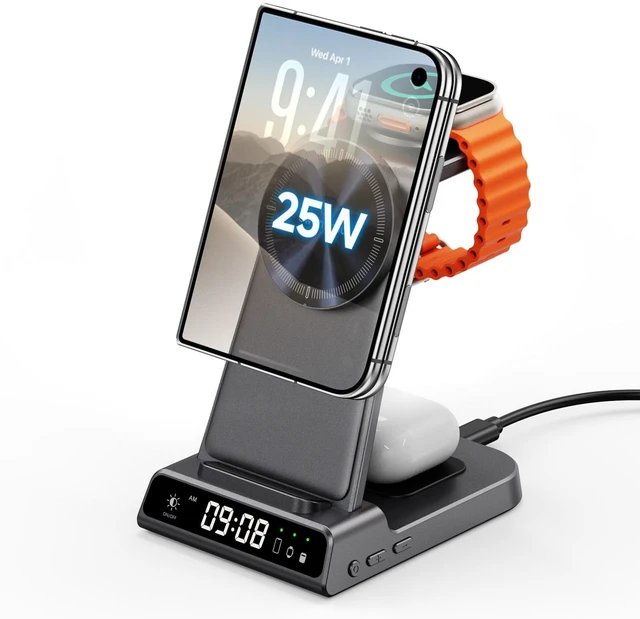 Main image of 25W 3 in 1 MagSafe Charger for iPhone 18 Duo/18 Pro Max, Apple Watch 12 | 25W Fast Wireless Charger, 5W Charging Stand for Apple Watch, Dimmable LED Clock, SwanScout C02M