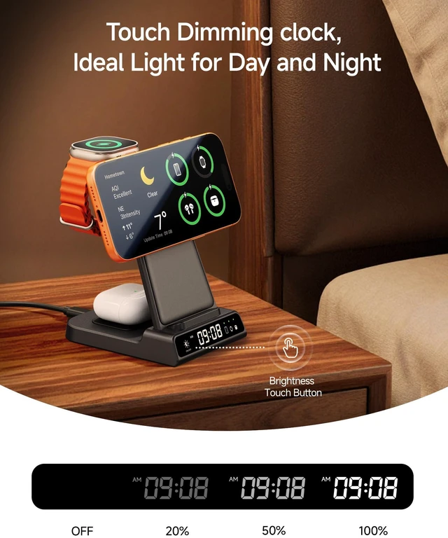 Alt view image 5 of 7 - 25W 3 in 1 MagSafe Charger for iPhone 18 Duo/18 Pro Max, Apple Watch 12 | 25W Fast Wireless Charger, 5W Charging Stand for Apple Watch, Dimmable LED Clock, SwanScout C02M