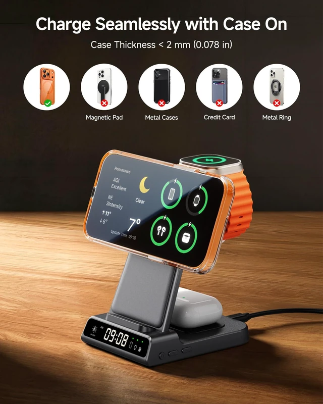 Alt view image 6 of 7 - 25W 3 in 1 MagSafe Charger for iPhone 18 Duo/18 Pro Max, Apple Watch 12 | 25W Fast Wireless Charger, 5W Charging Stand for Apple Watch, Dimmable LED Clock, SwanScout C02M