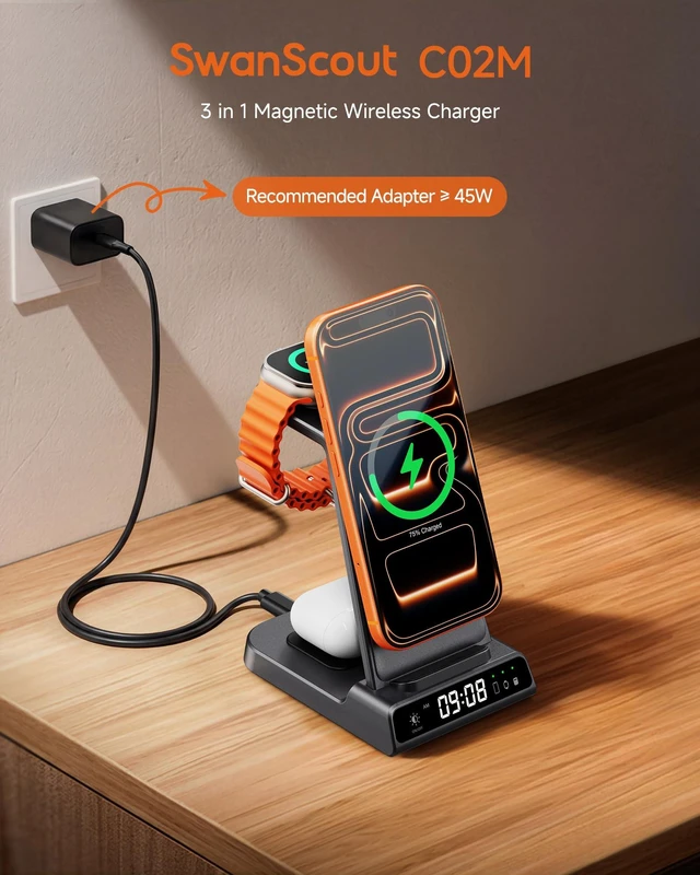 Alt view image 7 of 7 - 25W 3 in 1 MagSafe Charger for iPhone 18 Duo/18 Pro Max, Apple Watch 12 | 25W Fast Wireless Charger, 5W Charging Stand for Apple Watch, Dimmable LED Clock, SwanScout C02M