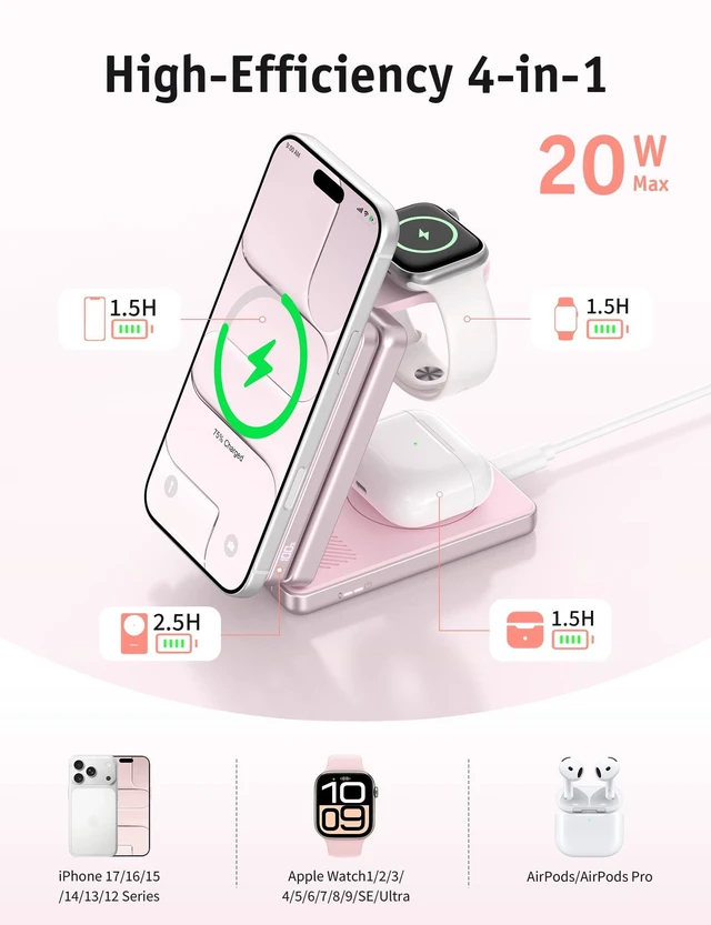 Alt view image 2 of 7 - RORRY Auradock iPhone Charging Station 3 in 1 for Apple,5000mAh Power Bank|20W Wireless Magnetic Fast Charging Station for iPhone/Apple Watch/AirPods with Detachable Magnetic Portable Magsafe Charger