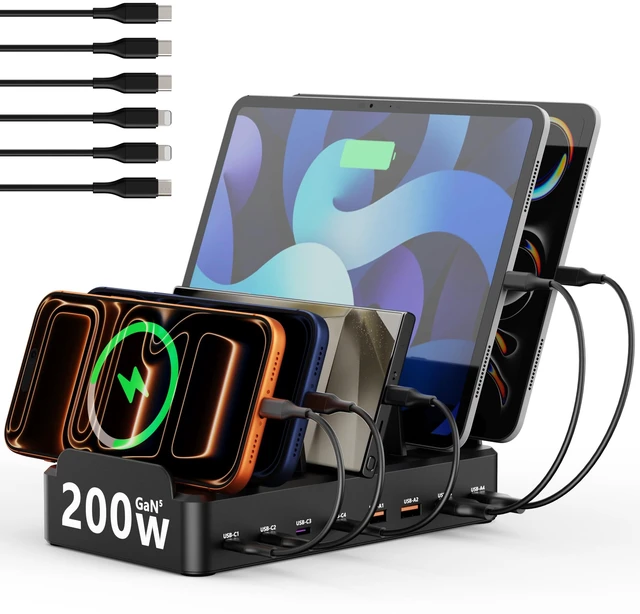 Main image of MDOUREO 200W 8-Port Fast USB Charging Station for Multiple Devices, Black | 4 USB-C 30W and 4 USB-A 20W ports charge 8 devices at once; includes 6 cables and organizer slots for phones and tablets.