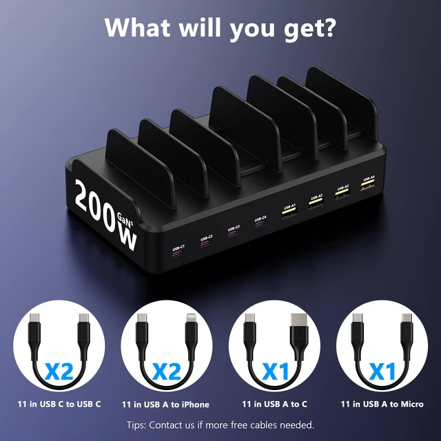 Alt view image 7 of 7 - MDOUREO 200W 8-Port Fast USB Charging Station for Multiple Devices, Black | 4 USB-C 30W and 4 USB-A 20W ports charge 8 devices at once; includes 6 cables and organizer slots for phones and tablets.