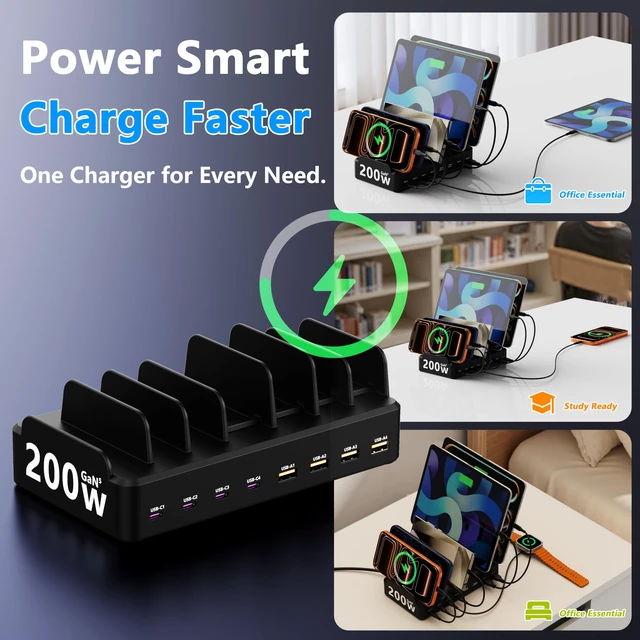 Alt view image 4 of 7 - MDOUREO 200W 8-Port Fast USB Charging Station for Multiple Devices, Black | 4 USB-C 30W and 4 USB-A 20W ports charge 8 devices at once; includes 6 cables and organizer slots for phones and tablets.
