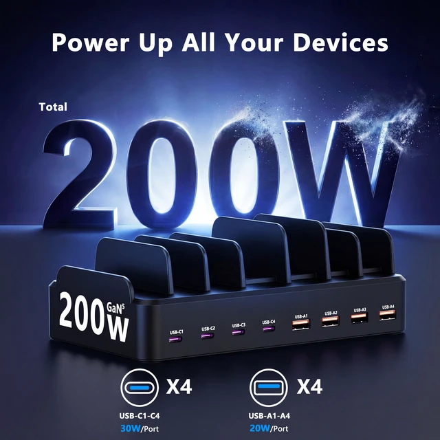 Alt view image 2 of 7 - MDOUREO 200W 8-Port Fast USB Charging Station for Multiple Devices, Black | 4 USB-C 30W and 4 USB-A 20W ports charge 8 devices at once; includes 6 cables and organizer slots for phones and tablets.