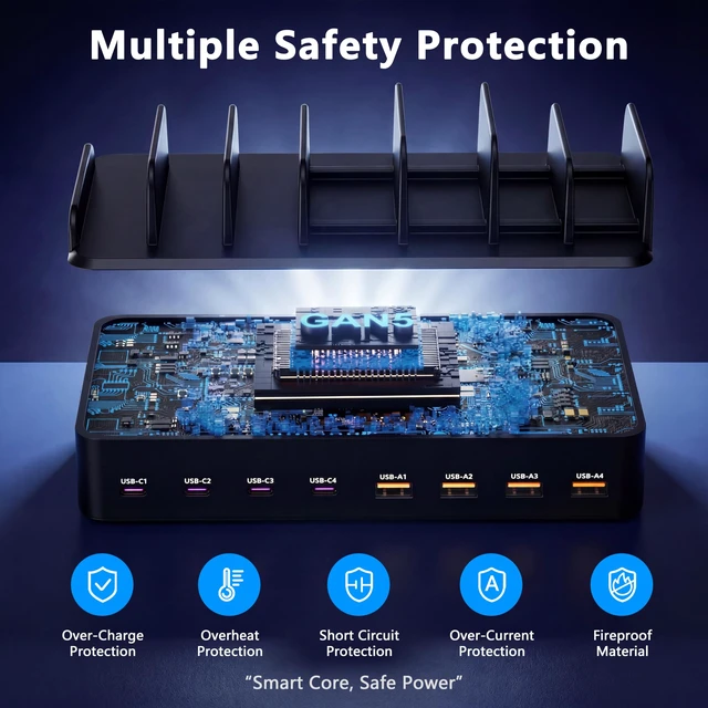 Alt view image 3 of 7 - MDOUREO 200W 8-Port Fast USB Charging Station for Multiple Devices, Black | 4 USB-C 30W and 4 USB-A 20W ports charge 8 devices at once; includes 6 cables and organizer slots for phones and tablets.