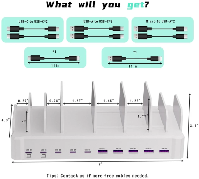 Alt view image 7 of 7 - zobirez 420W 10-Port Fast USB Charging Station for Multiple Devices, White | USB-C 1 & 2: Dual 65W Laptop Charging; 3x45W and 5x30W Ports for Phones, Tablets & Accessories; Includes 10 Cables