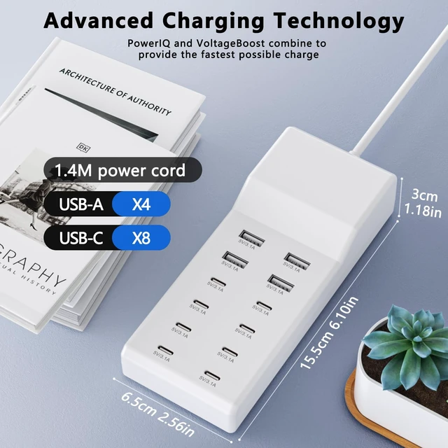 Alt view image 3 of 7 - USB C Charger 50W, 12 Ports USB Charging Station with 8 USB-C and 4 USB-A, Compatible with iPhone 13/14/15/16/17/Smartphone/Tablet/Watch/Headphones and Multiple Charger Plug