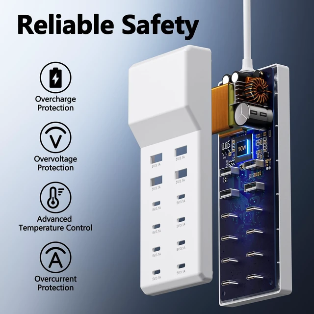 Alt view image 2 of 7 - USB C Charger 50W, 12 Ports USB Charging Station with 8 USB-C and 4 USB-A, Compatible with iPhone 13/14/15/16/17/Smartphone/Tablet/Watch/Headphones and Multiple Charger Plug