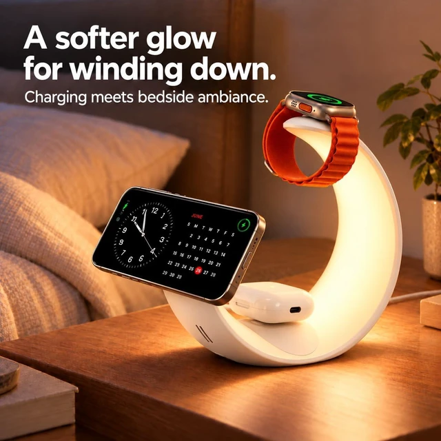 Alt view image 2 of 7 - 4-in-1 Magnetic Wireless Charger, RGB Night Light Moon Stand for iPhone | 15W Wireless Charging Station for iPhone, Apple Watch & AirPods, Moon Lamp Night Light with Multi-Device Charging