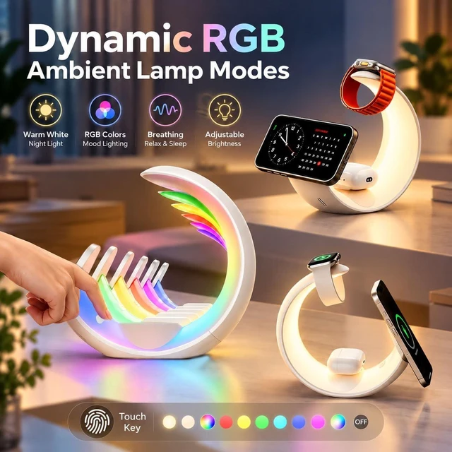 Alt view image 3 of 7 - 4-in-1 Magnetic Wireless Charger, RGB Night Light Moon Stand for iPhone | 15W Wireless Charging Station for iPhone, Apple Watch & AirPods, Moon Lamp Night Light with Multi-Device Charging