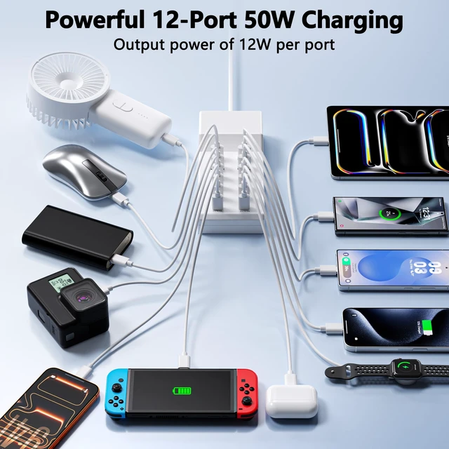 Alt view image 6 of 7 - USB C Charger 50W, 12 Ports USB Charging Station with 8 USB-C and 4 USB-A, Compatible with iPhone 13/14/15/16/17/Smartphone/Tablet/Watch/Headphones and Multiple Charger Plug
