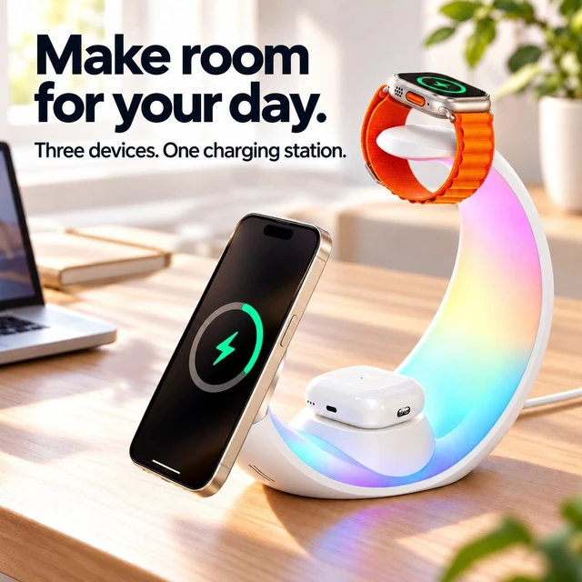 Alt view image 4 of 7 - 4-in-1 Magnetic Wireless Charger, RGB Night Light Moon Stand for iPhone | 15W Wireless Charging Station for iPhone, Apple Watch & AirPods, Moon Lamp Night Light with Multi-Device Charging