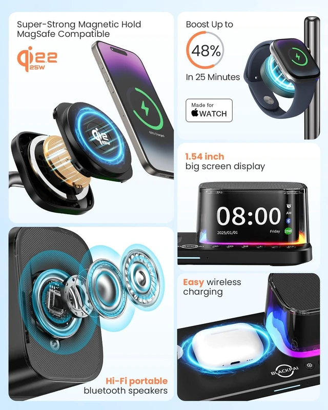 Alt view image 4 of 7 - 7-in-1 Wireless Charging Station for Multiple Apple Devices Bluetooth Speaker Alarm Clock Night Light, Qi2.2 Charger Stand for iPhone 17/16/15 Pro Max Apple Watch Airpods 45W Adapter Included (Orange)